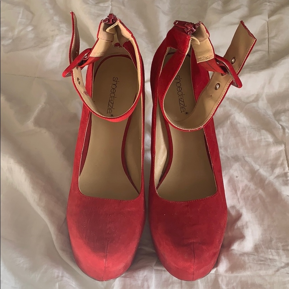 Velvet red platform high heels 6”